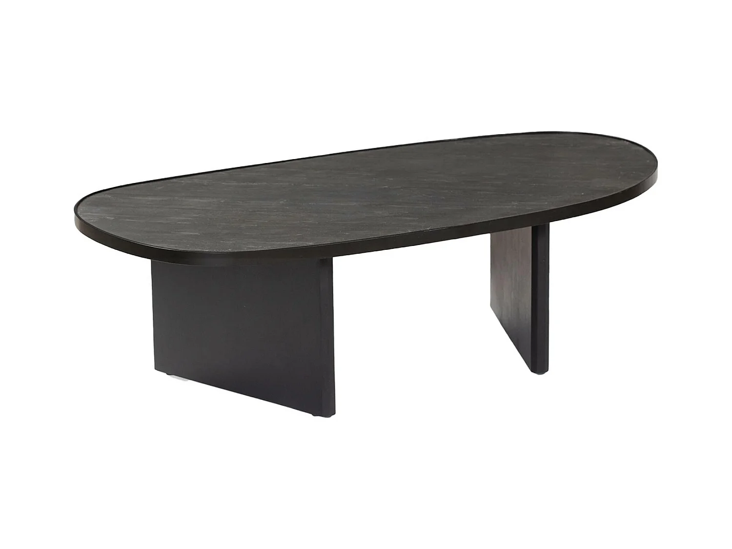 Table basse ovale bois de manguier et placage pierre noire. rebord en métal. L 119.5 x P 60 x H 35cm