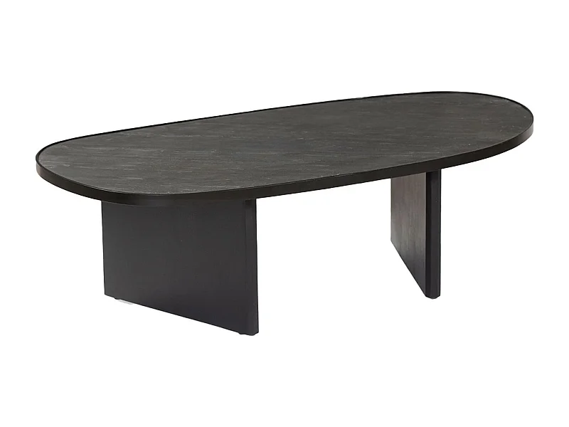 Table basse ovale bois de manguier et placage pierre noire. rebord en métal. L 119.5 x P 60 x H 35cm