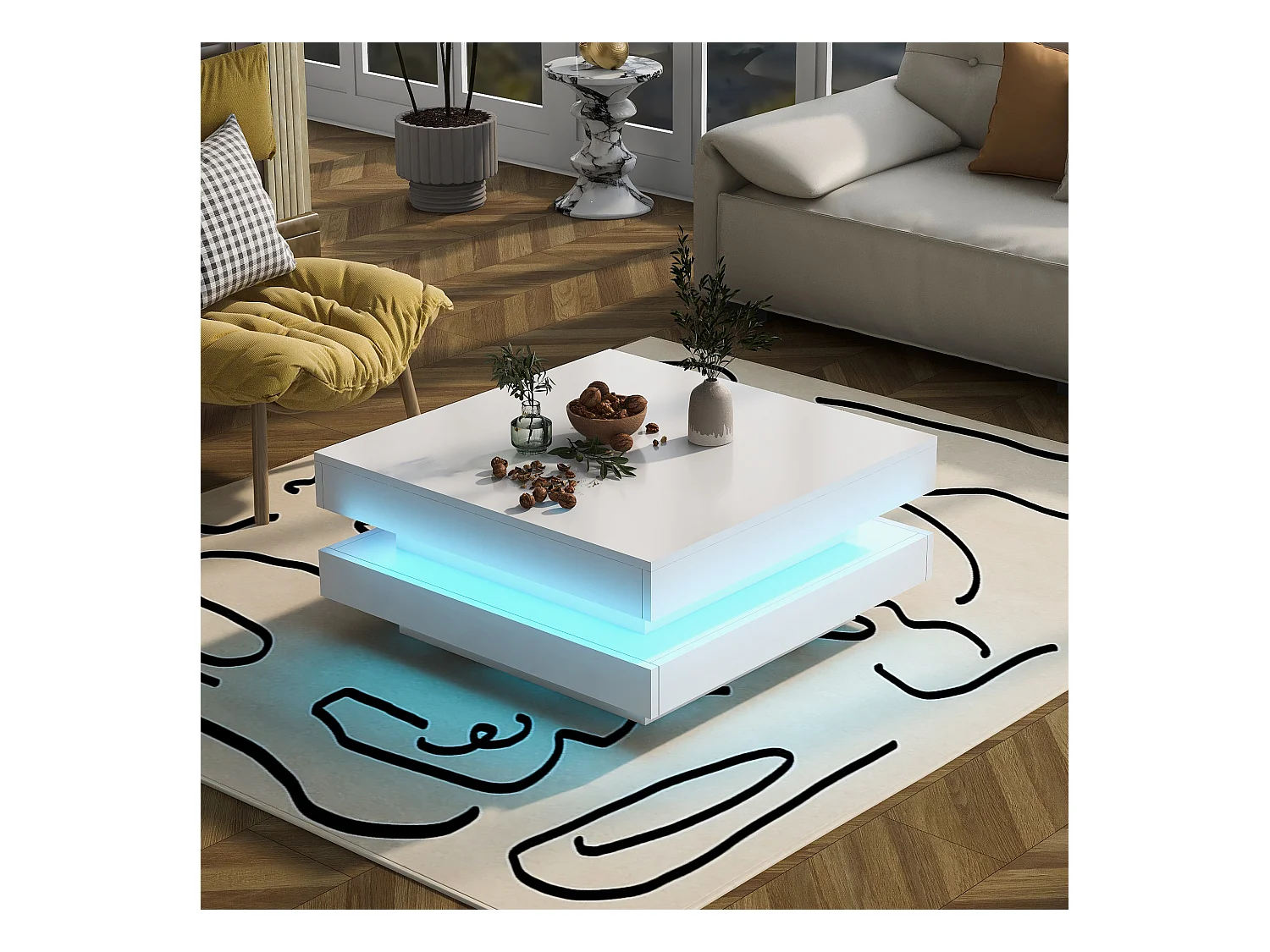 Moderner Couchtisch mit LED in 16 Farben – quadratische Form – Weiß