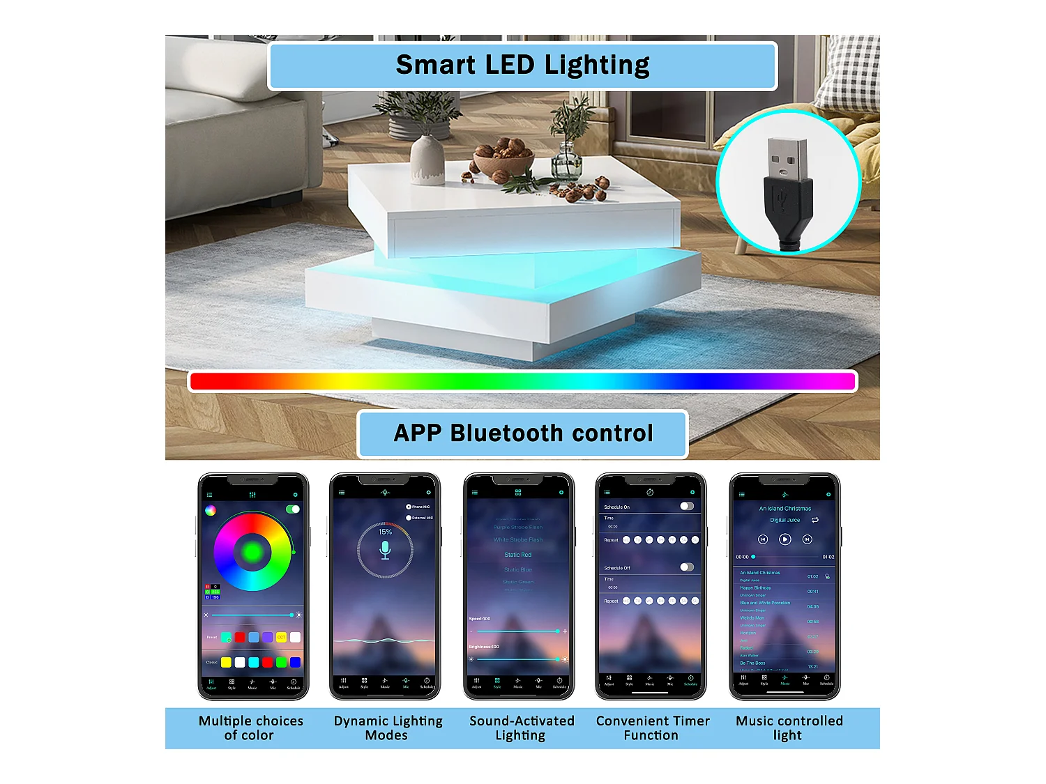 Moderner Couchtisch mit LED in 16 Farben – quadratische Form – Weiß