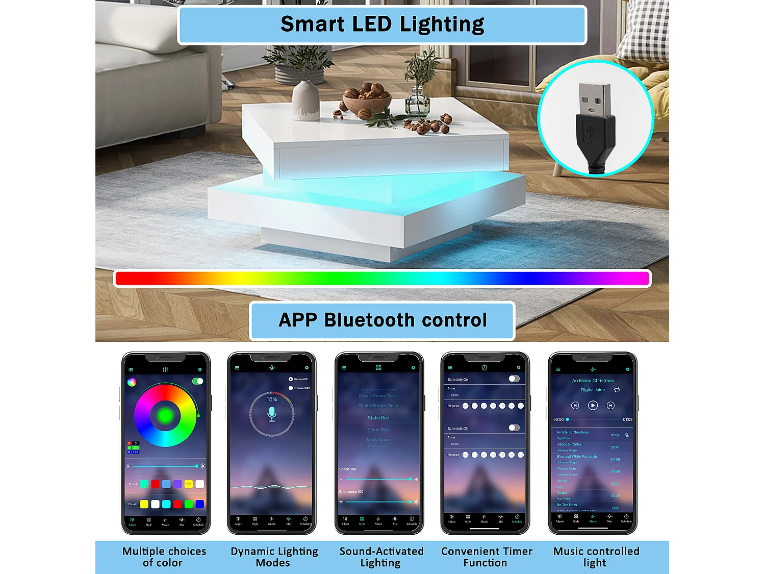 Table basse contemporaine avec LED en 16 couleurs - forme carrée - Blanc