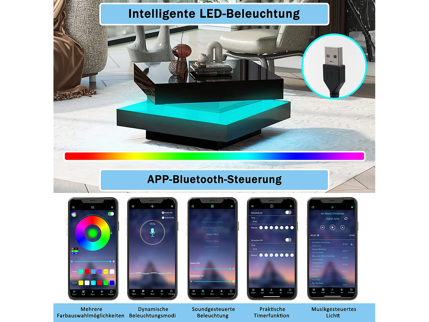 Moderner Couchtisch mit LED in 16 Farben – quadratische Form – Schwarz