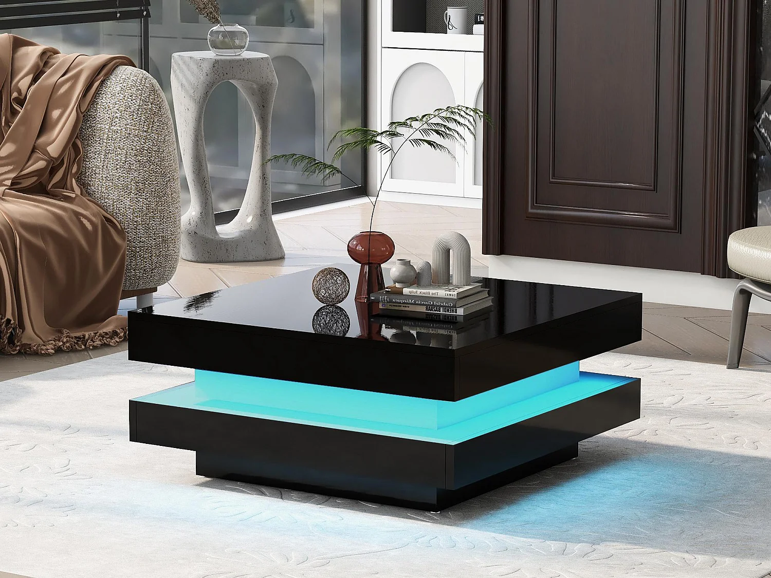 Table basse contemporaine avec LED en 16 couleurs - forme carrée - Noir