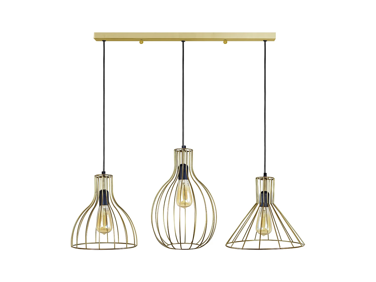 Lustre barre 3 pendels rugby filaire doré 95 cm.