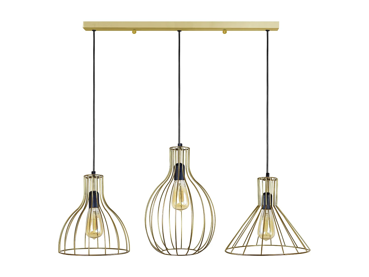 Lustre barre 3 pendels rugby filaire doré 95 cm.