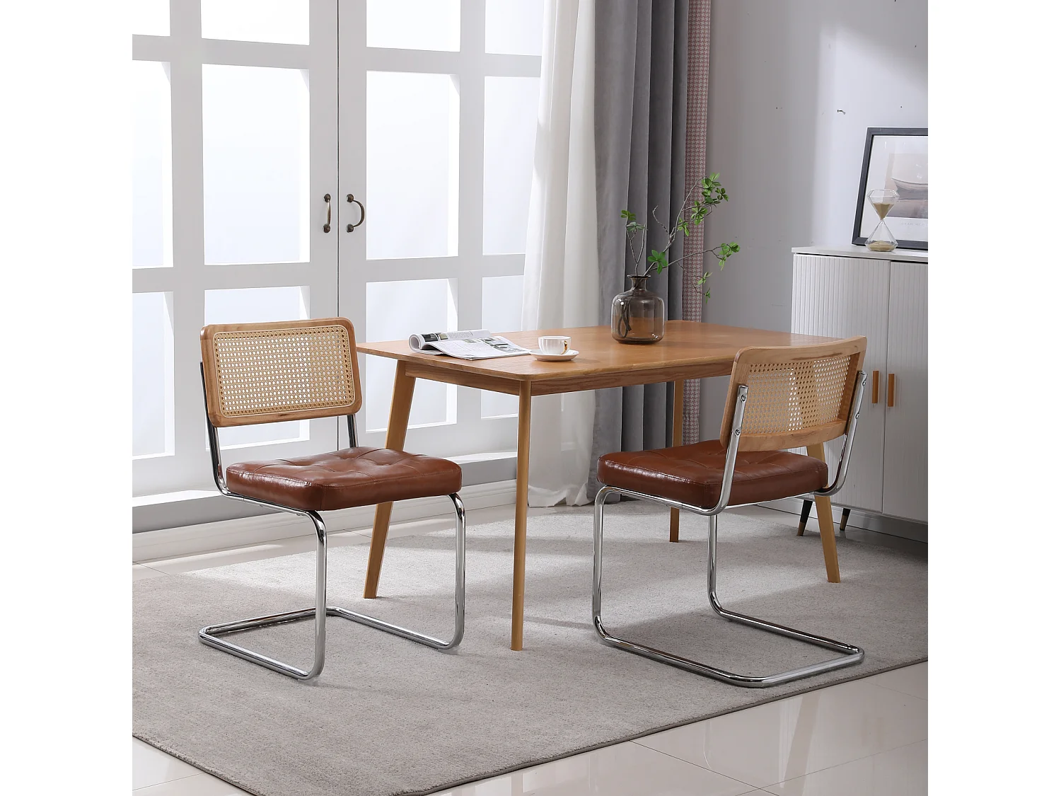 Set van 2 eetkamerstoelen in Mid-Century-stijl - gestoffeerd kunstleer en rotan - 50x61x86cm, bruin