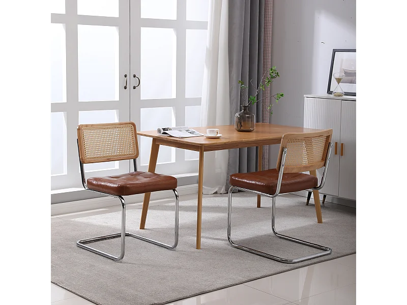 Juego de 2 sillas de comedor estilo mediados de siglo - Tapizadas en piel sintética y ratán - 50 x 61 x 86 cm, color marrón