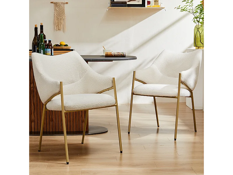 Eetkamerstoel (2 stuks), met armleuningen, lamsbontstof, dik zitkussen, 52,5 x 48 x 83,7 cm, beige