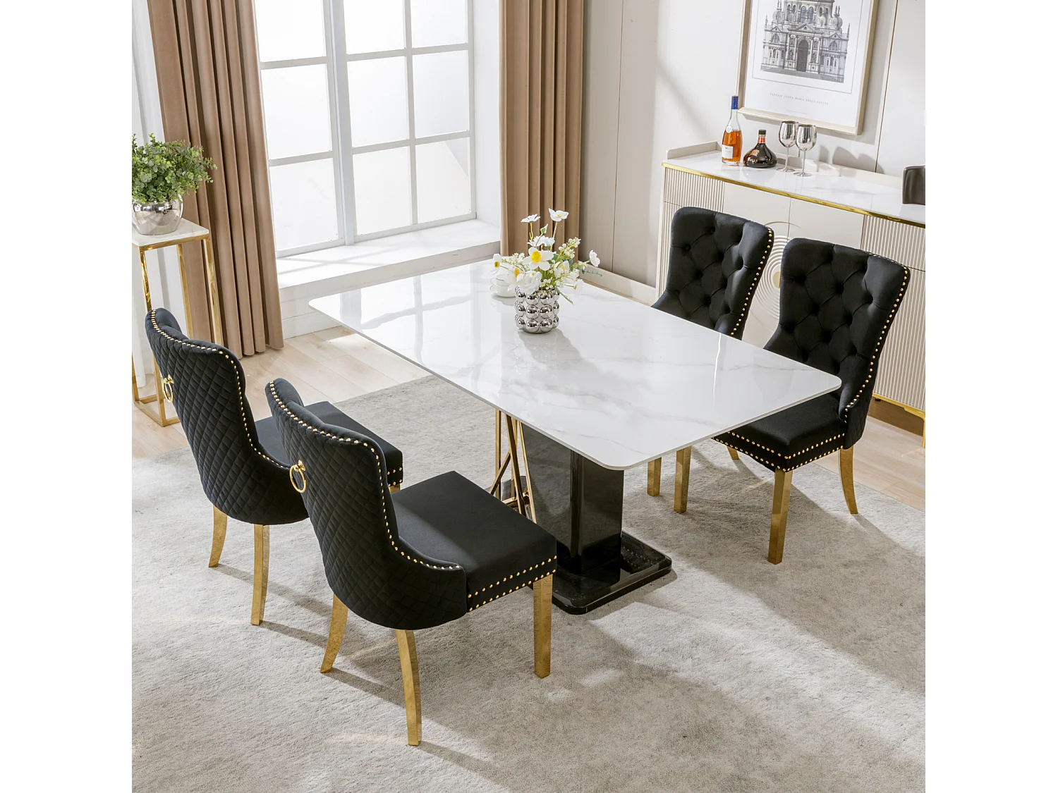 Set di 4 sedie da pranzo, seduta imbottita con finiture a borchie, gambe di supporto in acciaio inossidabile dorato, rivestimento in velluto, 45x50,5x95 cm, nero