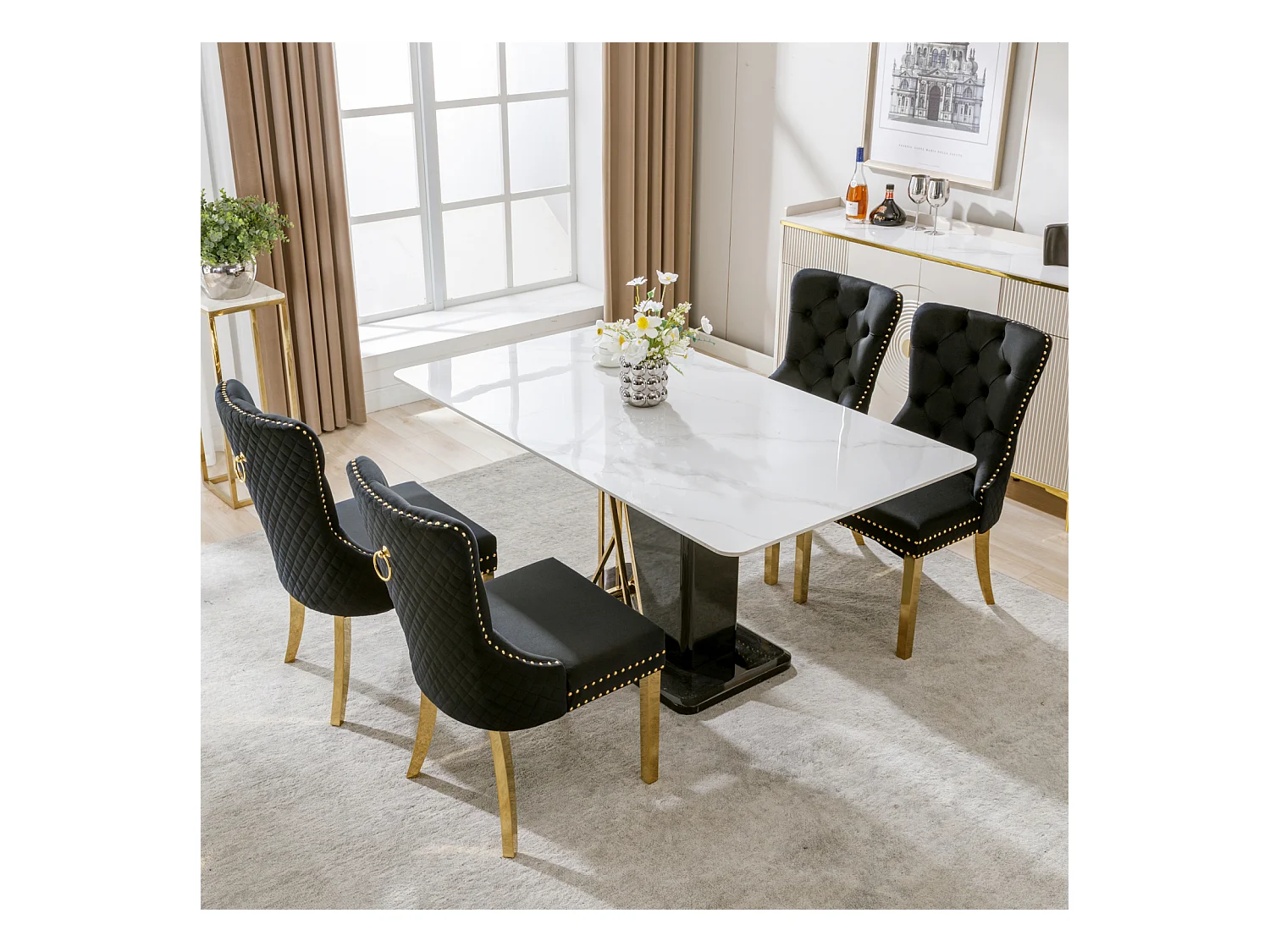 Juego de 4 sillas de comedor, asiento tapizado con ribete de tachuelas, patas de apoyo de acero inoxidable dorado, tapizado de terciopelo, 45x50,5x95cm, Negro