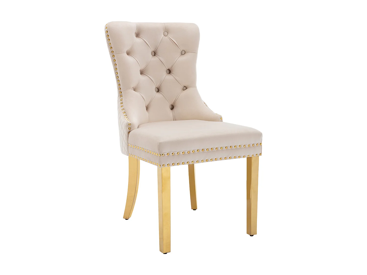 Set di 6 sedie da pranzo, imbottite Haise con finiture a borchie, gambe di supporto in acciaio inossidabile dorato, rivestimento in velluto, 45x50,5x95 cm, beige