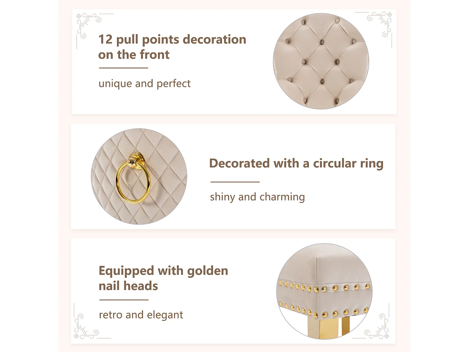 Set di 6 sedie da pranzo, imbottite Haise con finiture a borchie, gambe di supporto in acciaio inossidabile dorato, rivestimento in velluto, 45x50,5x95 cm, beige