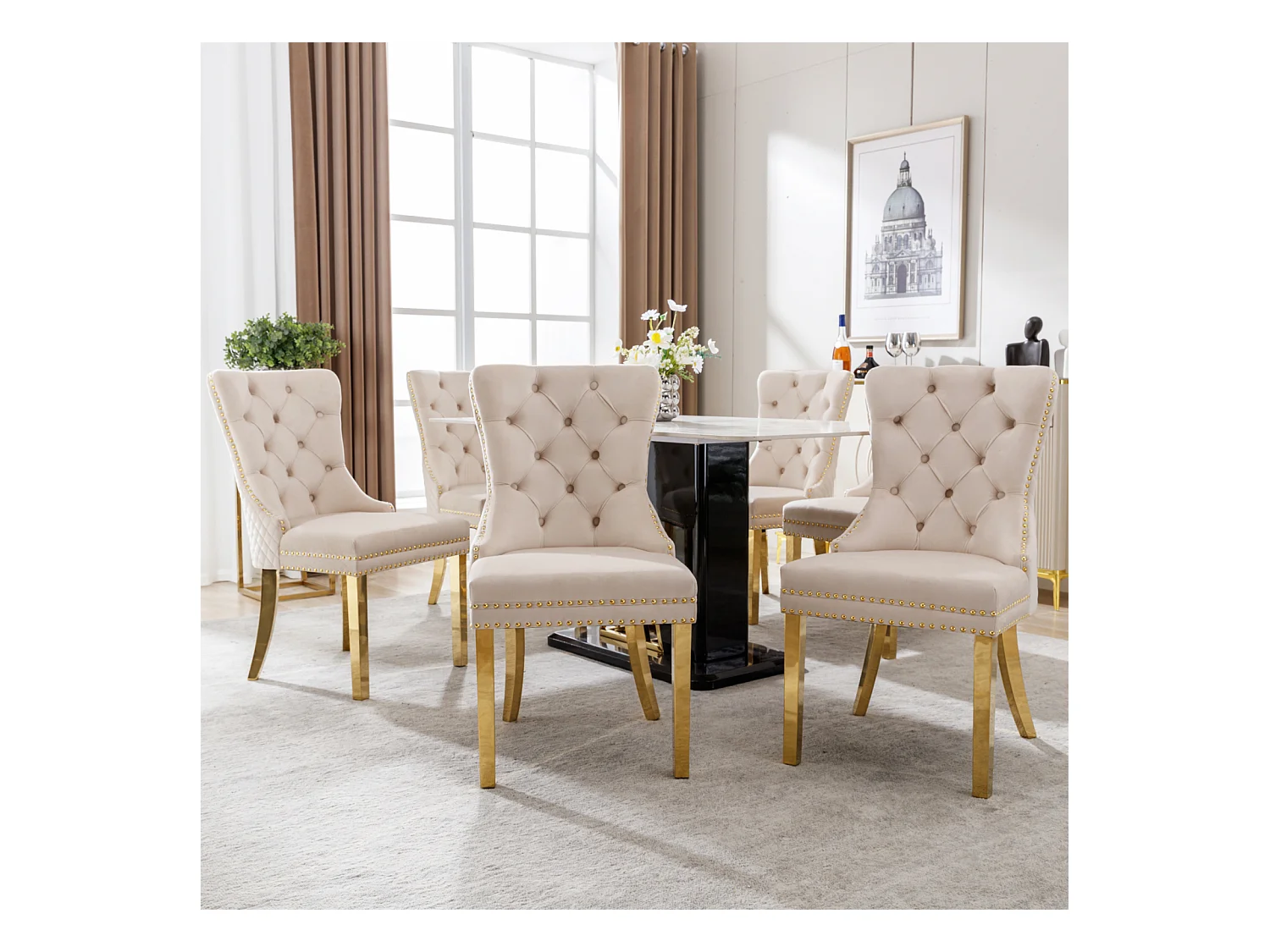 Lot de 6 chaises de salle à manger, haise rembourrée avec garniture en tête de clou, pieds de support en acier inoxydable doré, revêtement en velours, 45x50.5x95cm, Beige