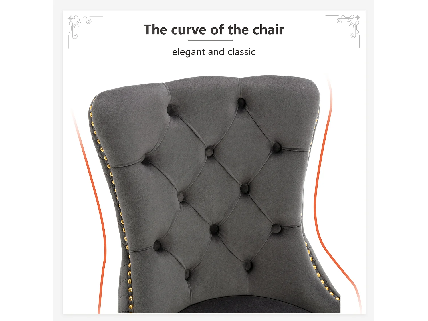 Set van 2 eetkamerstoelen, gestoffeerde zitting met spijkerkopafwerking, gouden roestvrijstalen steunpoten, fluwelen bekleding, 45x50,5x95cm, grijs