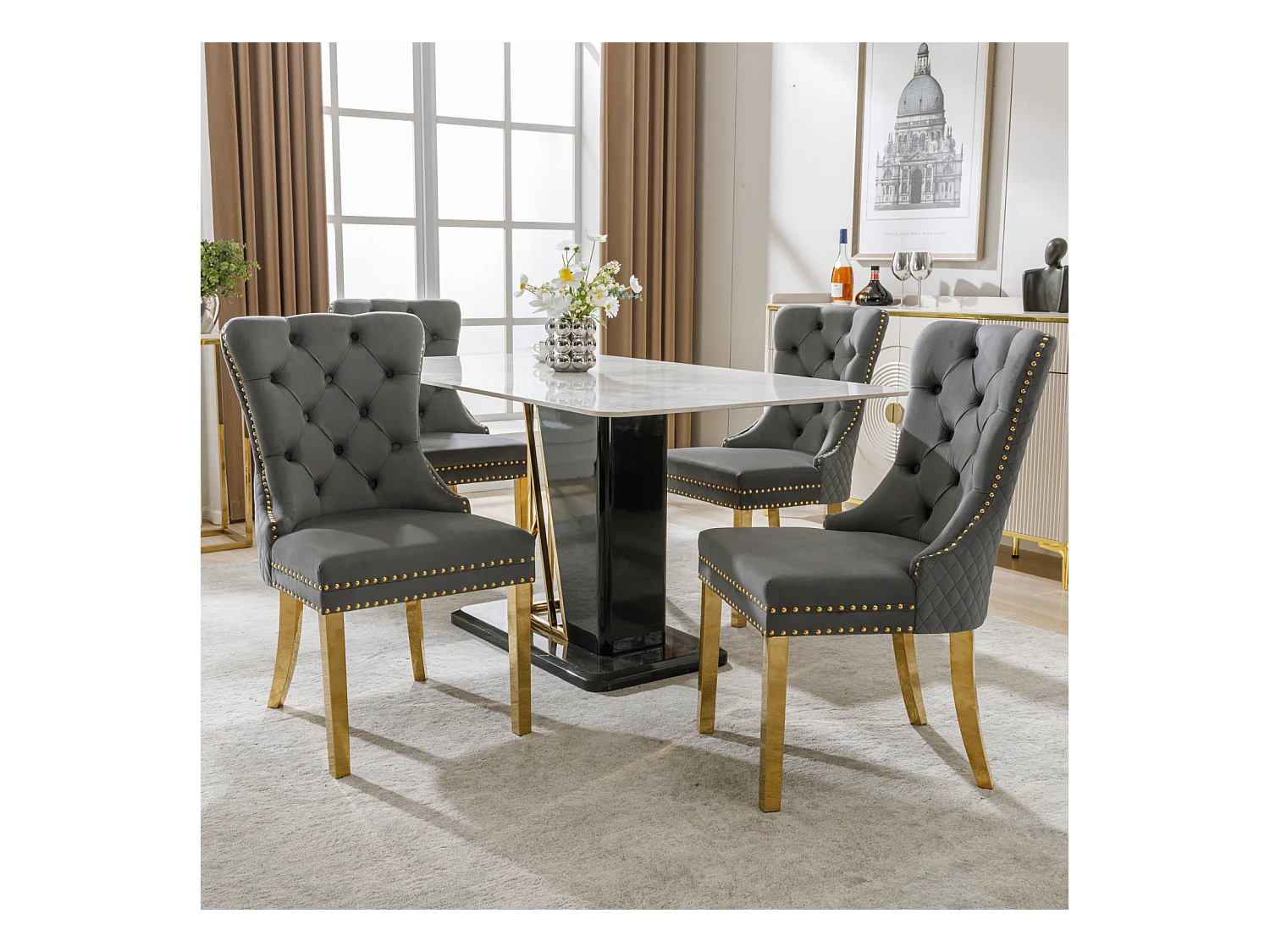 Lot de 4 chaises de salle à manger, haise rembourrée avec garniture en tête de clou, pieds de support en acier inoxydable doré, revêtement en velours, 45x50.5x95cm, Gris