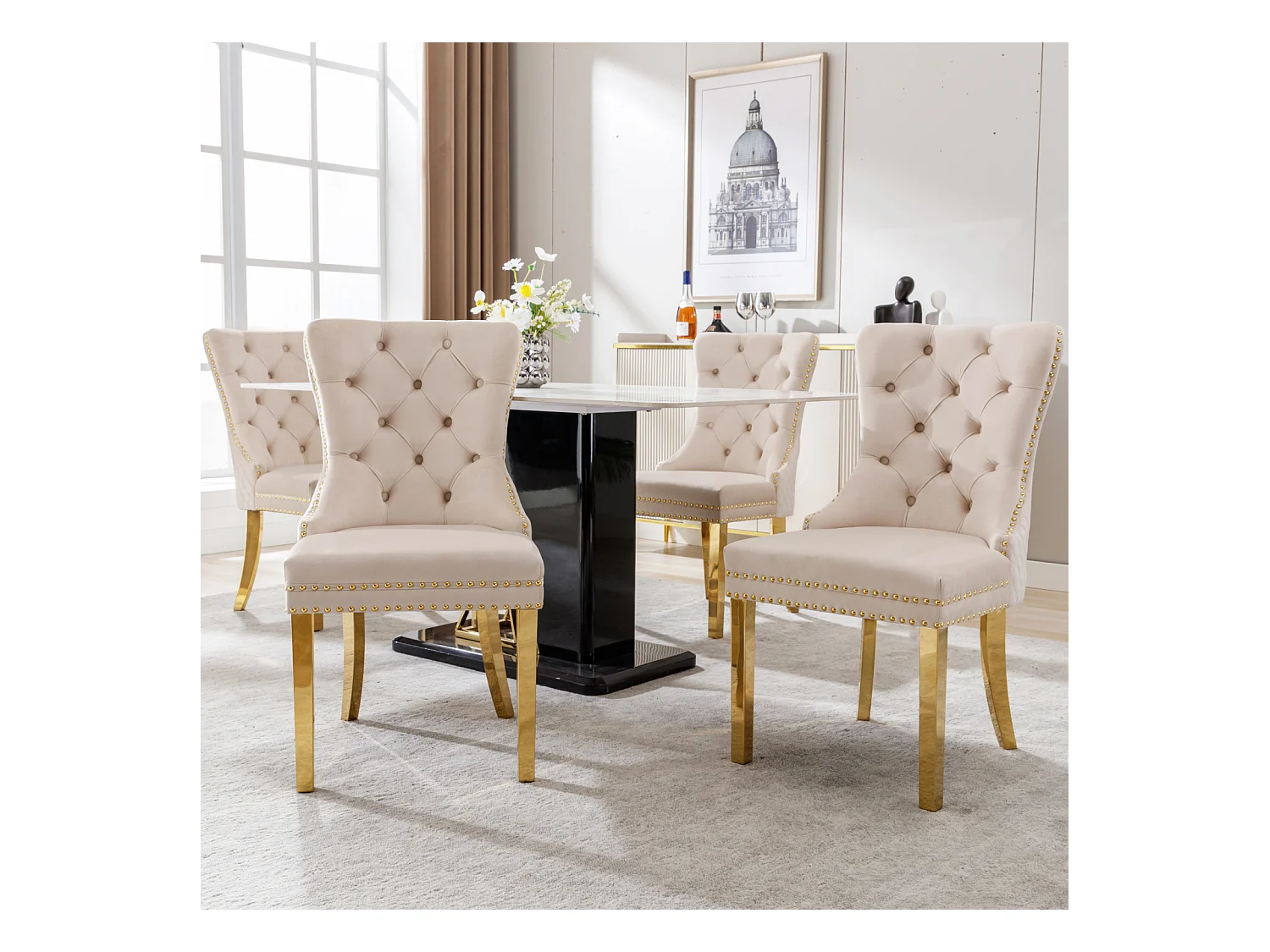 Lot de 4 chaises de salle à manger, haise rembourrée avec garniture en tête de clou, pieds de support en acier inoxydable doré, revêtement en velours, 45x50.5x95cm, Beige