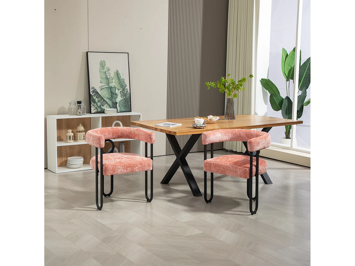 Lot de 2 chaises de salle à manger, avec dossier rond, pour salle à manger, en chenille Rose