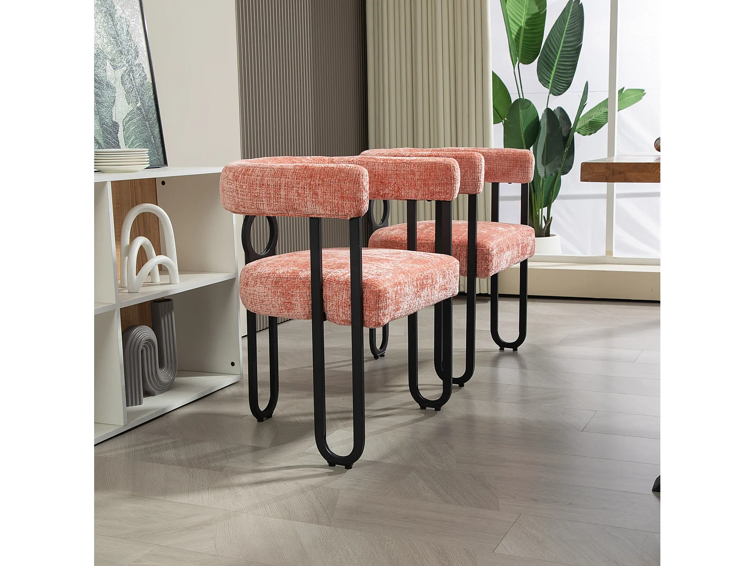 Lot de 2 chaises de salle à manger, avec dossier rond, pour salle à manger, en chenille Rose