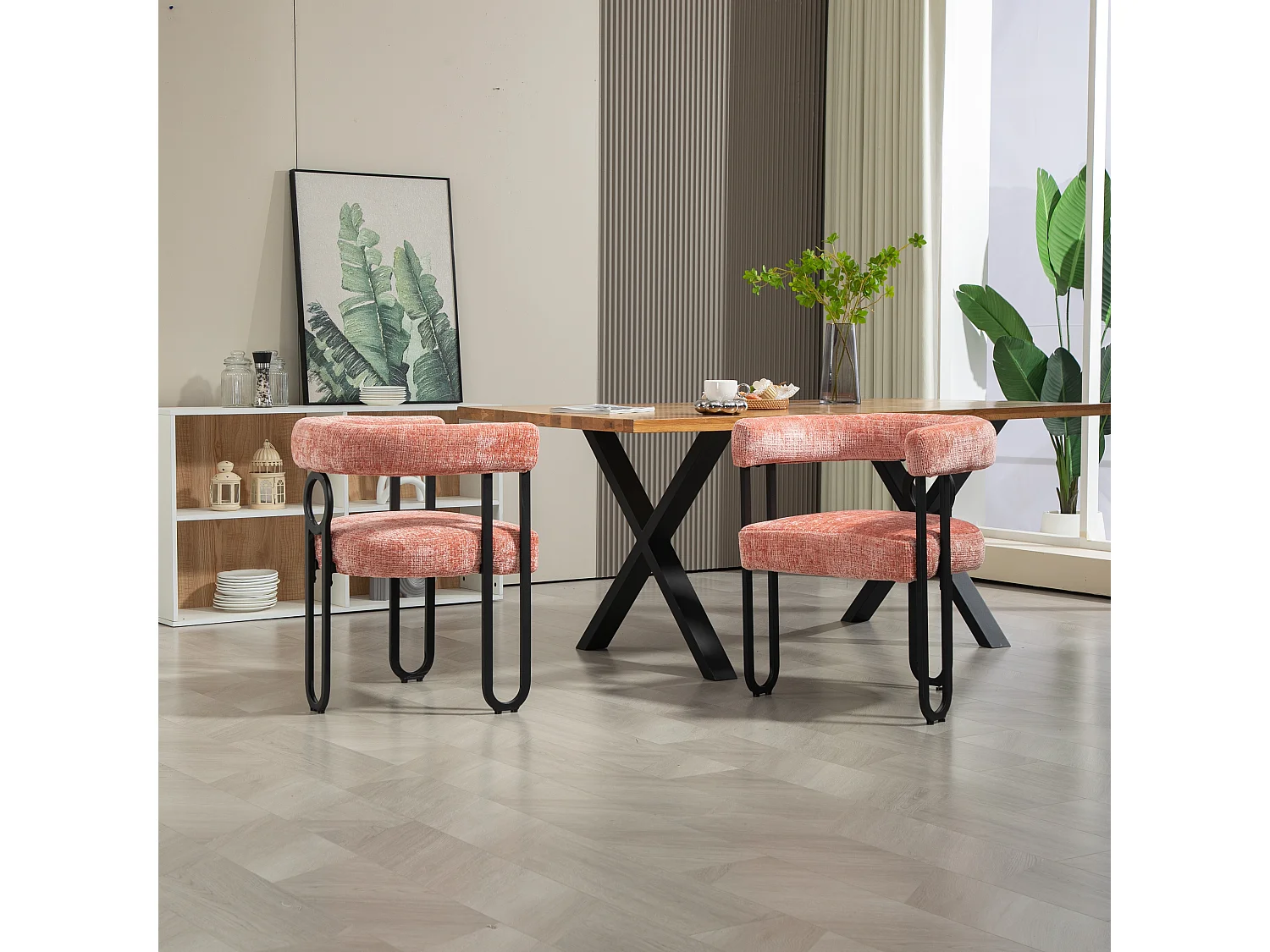 Lot de 2 chaises de salle à manger, avec dossier rond, pour salle à manger, en chenille Rose