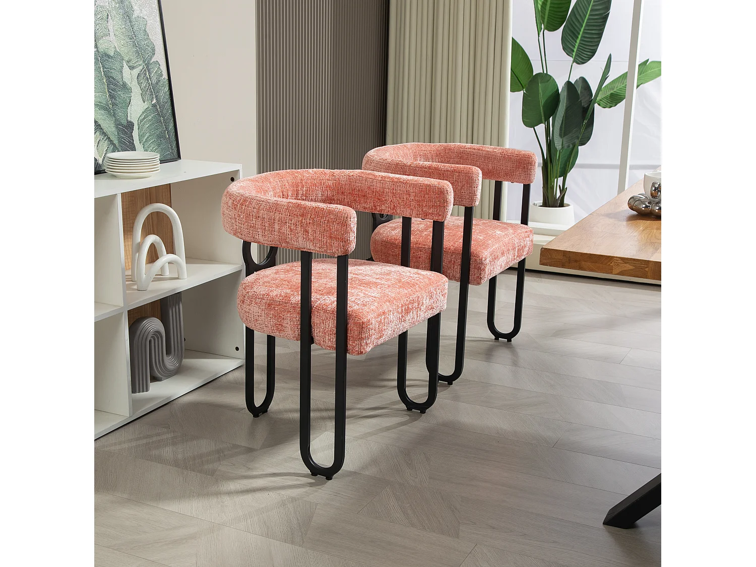 Lot de 2 chaises de salle à manger, avec dossier rond, pour salle à manger, en chenille Rose