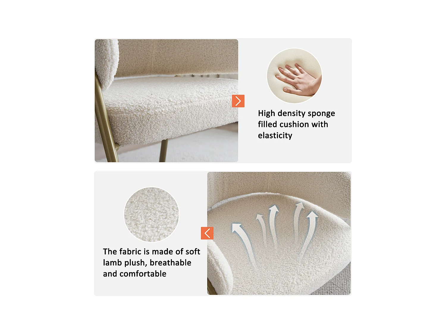 Juego de 2 sillas de comedor modernas de terciopelo de piel de cordero con acabado dorado (1 ud.), con patas doradas, 49 x 18 x 78 cm, color blanco