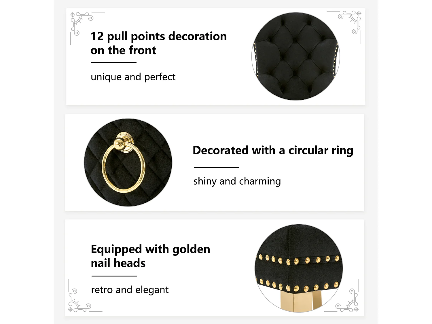 Set van 6 eetkamerstoelen, gestoffeerde zitting met spijkerkopafwerking, gouden roestvrijstalen steunpoten, fluwelen bekleding, 45x50,5x95cm, Zwart