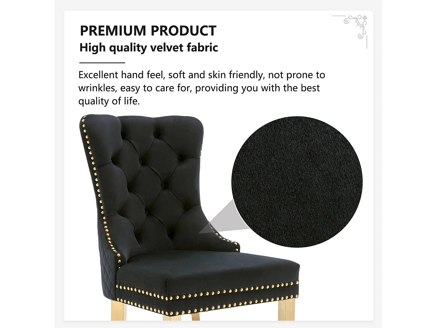 Set van 6 eetkamerstoelen, gestoffeerde zitting met spijkerkopafwerking, gouden roestvrijstalen steunpoten, fluwelen bekleding, 45x50,5x95cm, Zwart