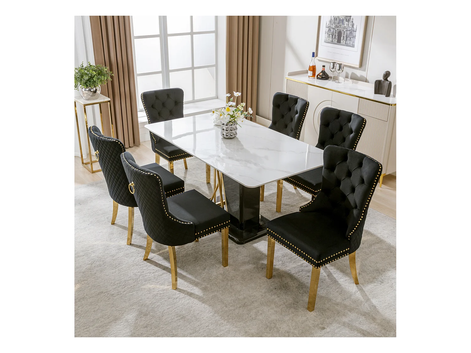Lot de 6 chaises de salle à manger, haise rembourrée avec garniture en tête de clou, pieds de support en acier inoxydable doré, revêtement en velours, 45x50.5x95cm, Noir