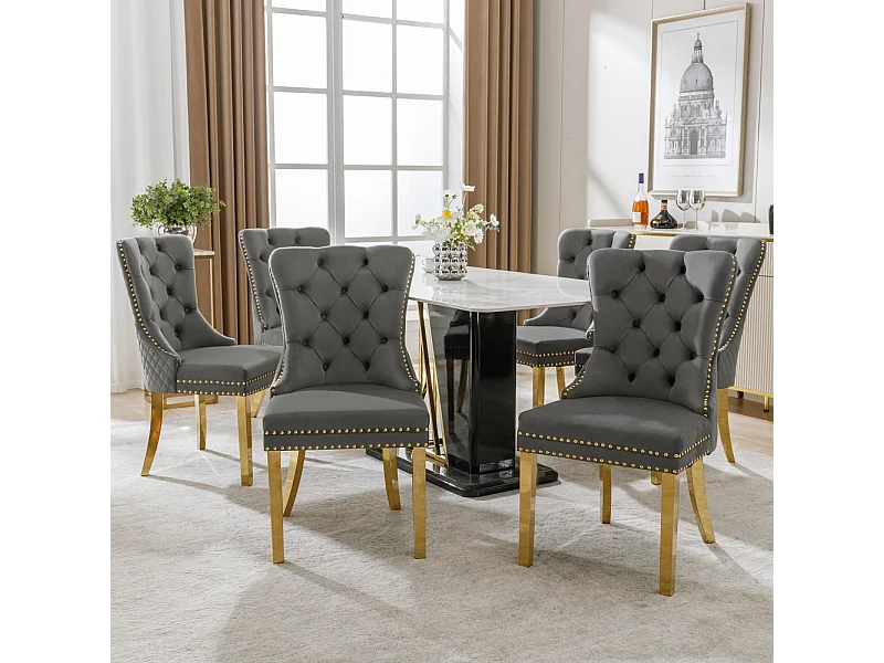 Set van 6 eetkamerstoelen, gestoffeerde zitting met spijkerkopafwerking, gouden roestvrijstalen poten, fluwelen bekleding, 45x50,5x95cm, grijs
