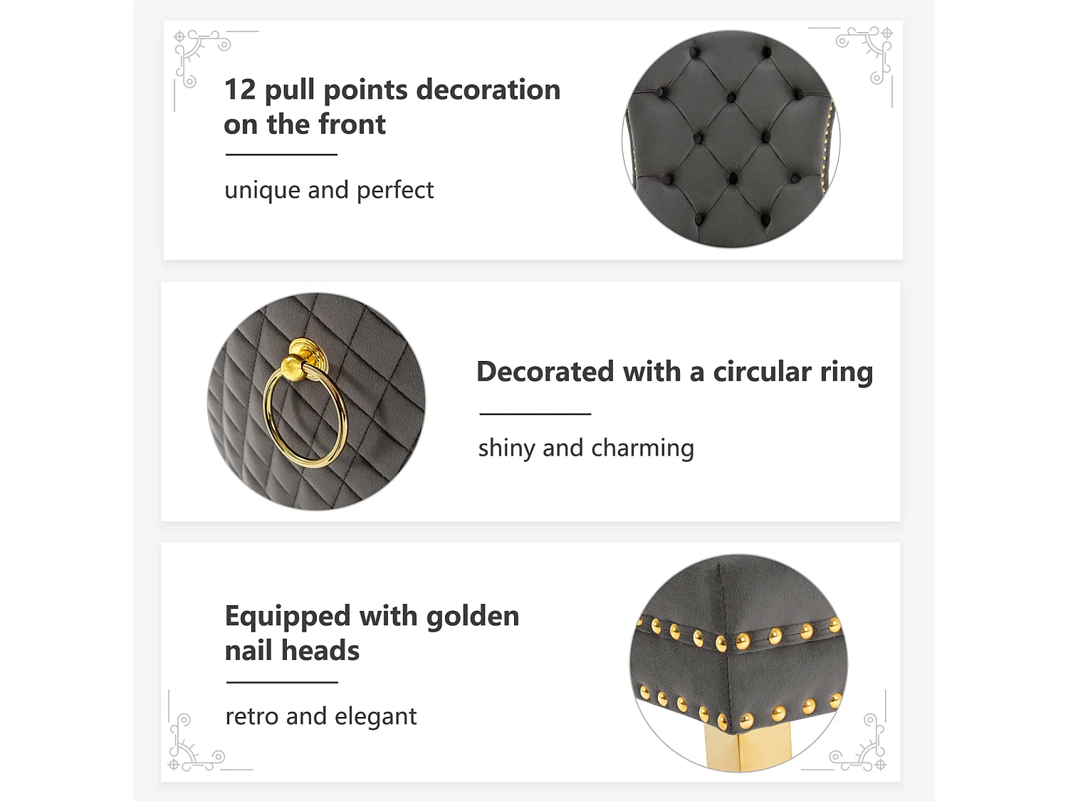 Set di 6 sedie da pranzo, seduta imbottita con finiture a borchie, gambe di supporto in acciaio inossidabile dorato, rivestimento in velluto, 45x50,5x95 cm, grigio