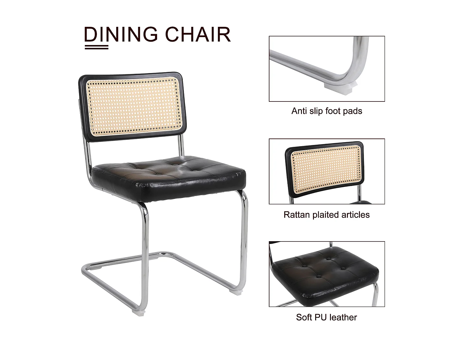 Juego de 2 sillas de comedor de mediados de siglo - Tapizadas en piel sintética y ratán - 50 x 61 x 86 cm, color negro