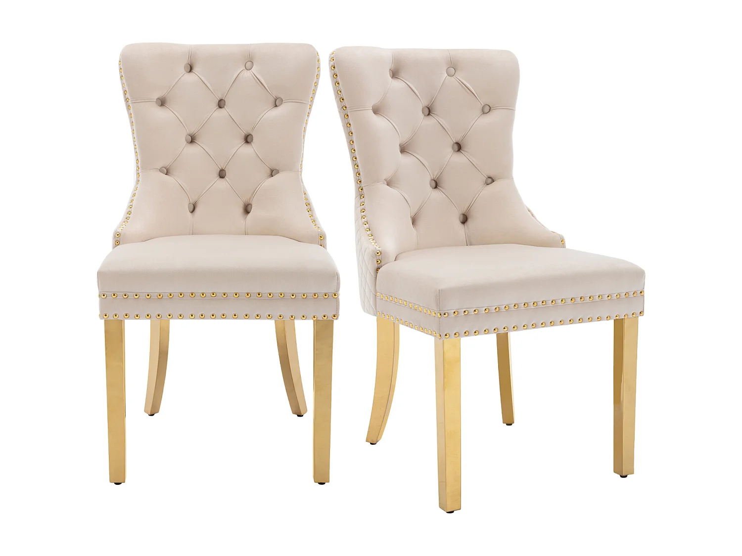 Conjunto de 2 cadeiras de jantar, assento estofado com acabamento em tachas, pernas de apoio em aço inoxidável dourado, estofamento em veludo, 45x50,5x95 cm, bege