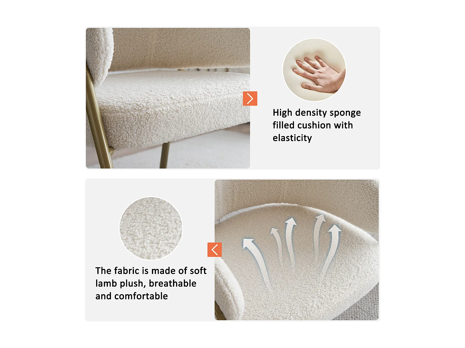 Set di 6 sedie da pranzo moderne in velluto di pelle di agnello Spraygold con finitura oro (1 pezzo), con gambe dorate 49x18x78 cm, bianco