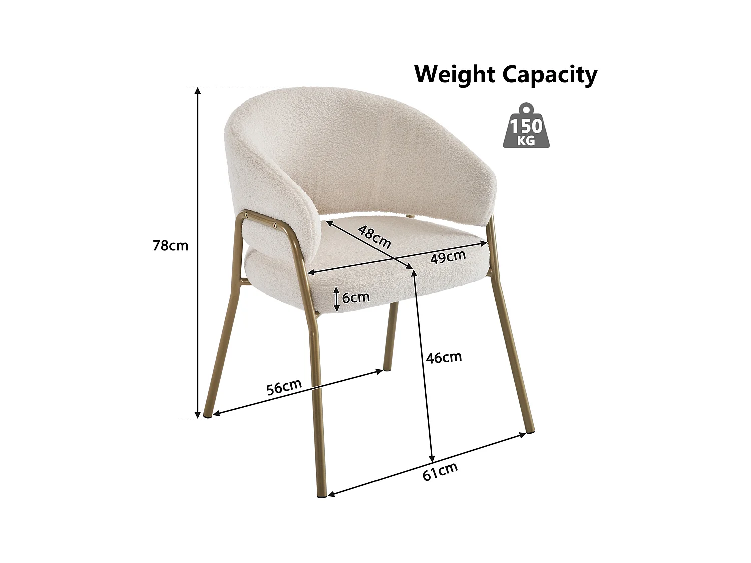 Lot de 6 chaise de salle à manger moderne en velours d'agneau Spraygold avec finition dorée (1 pc), avec pieds dorés 49x18x78cm blanc