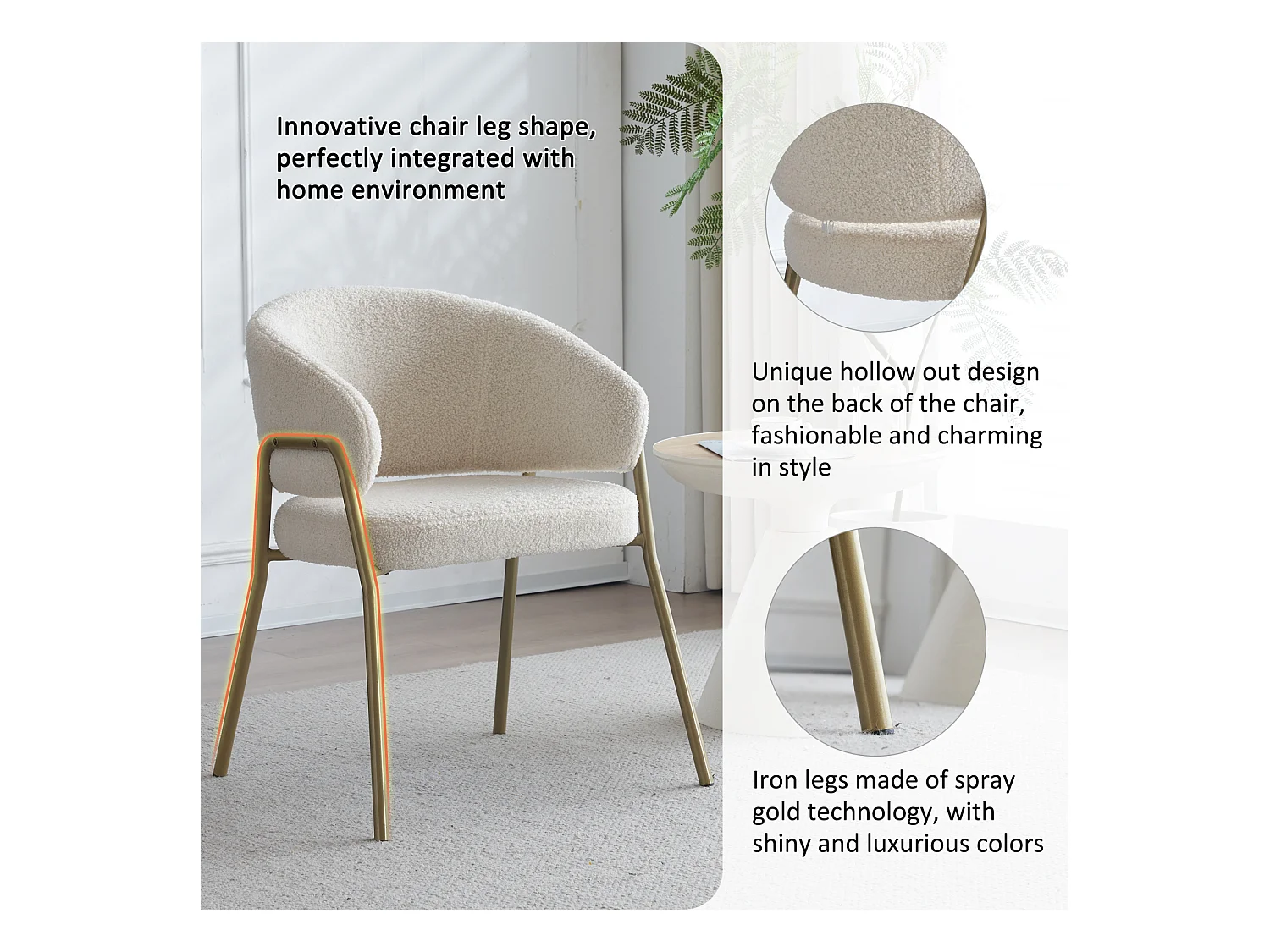 Lot de 6 chaise de salle à manger moderne en velours d'agneau Spraygold avec finition dorée (1 pc), avec pieds dorés 49x18x78cm blanc