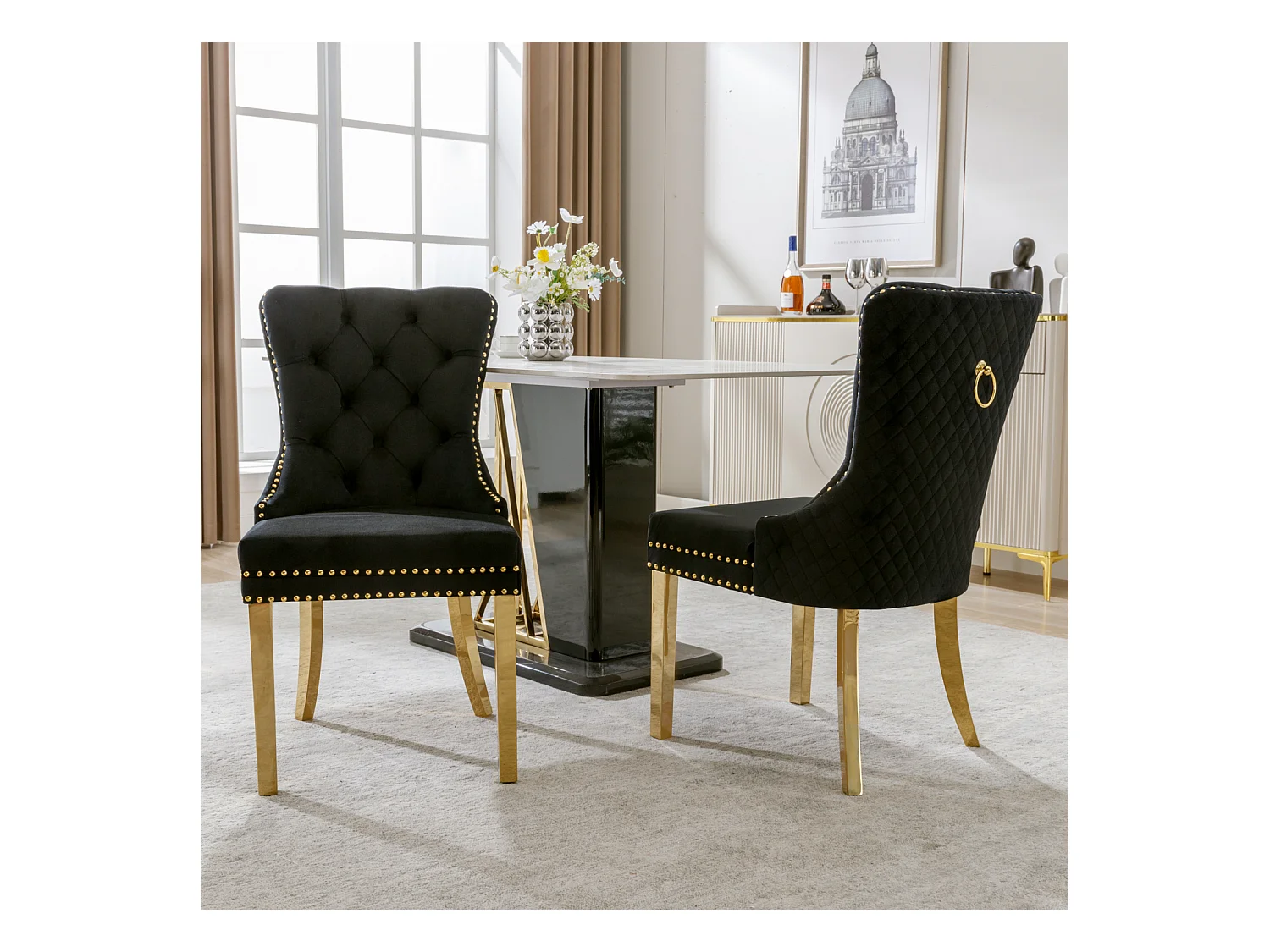 Lot de 2 chaises de salle à manger, haise rembourrée avec garniture en tête de clou, pieds de support en acier inoxydable doré, revêtement en velours, 45x50.5x95cm, Noir