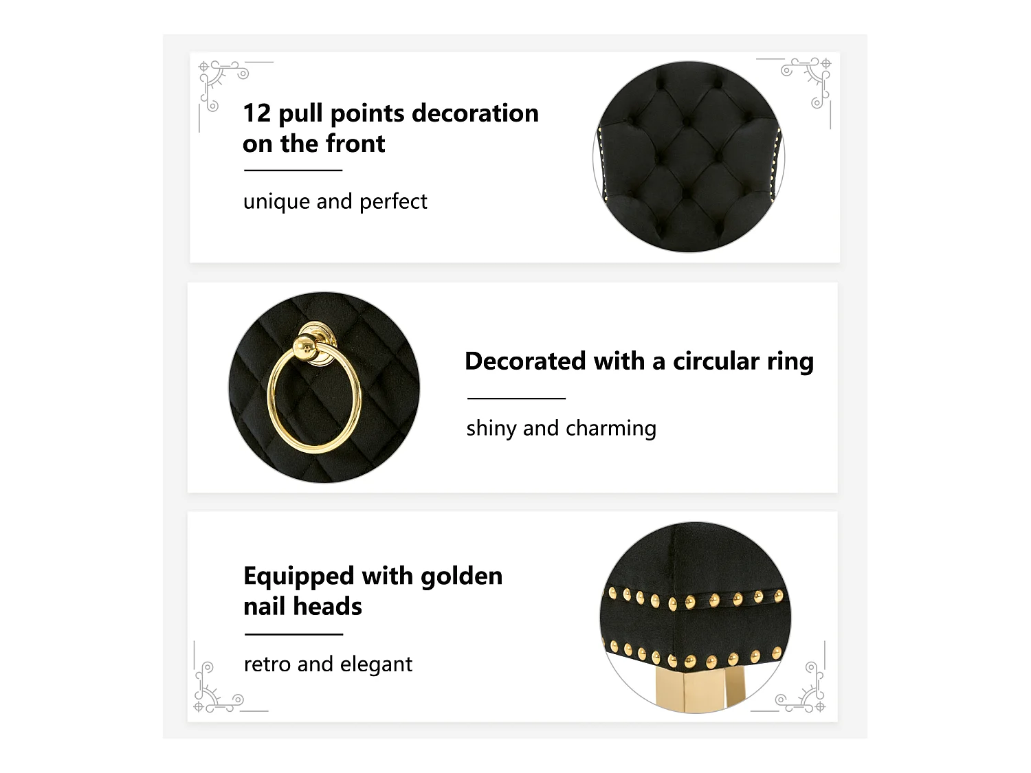 Set van 2 eetkamerstoelen, gestoffeerde zitting met spijkerkopafwerking, gouden roestvrijstalen steunpoten, fluwelen bekleding, 45x50,5x95cm, Zwart