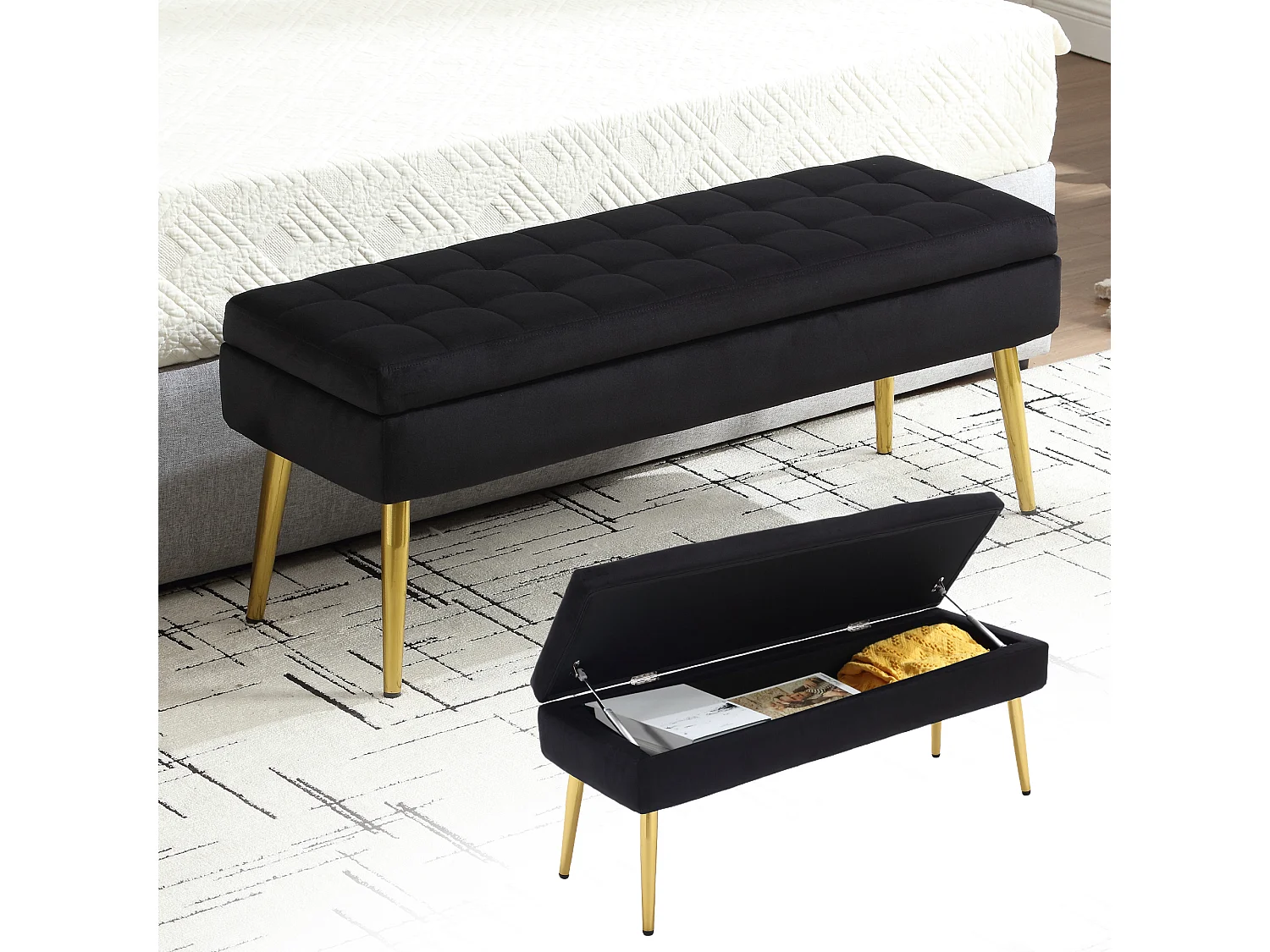 Banc de rangement, 111x35x44.5cm, pieds en métal doré pour salon, à l'entrée, à la chambre à coucher, en velours noir