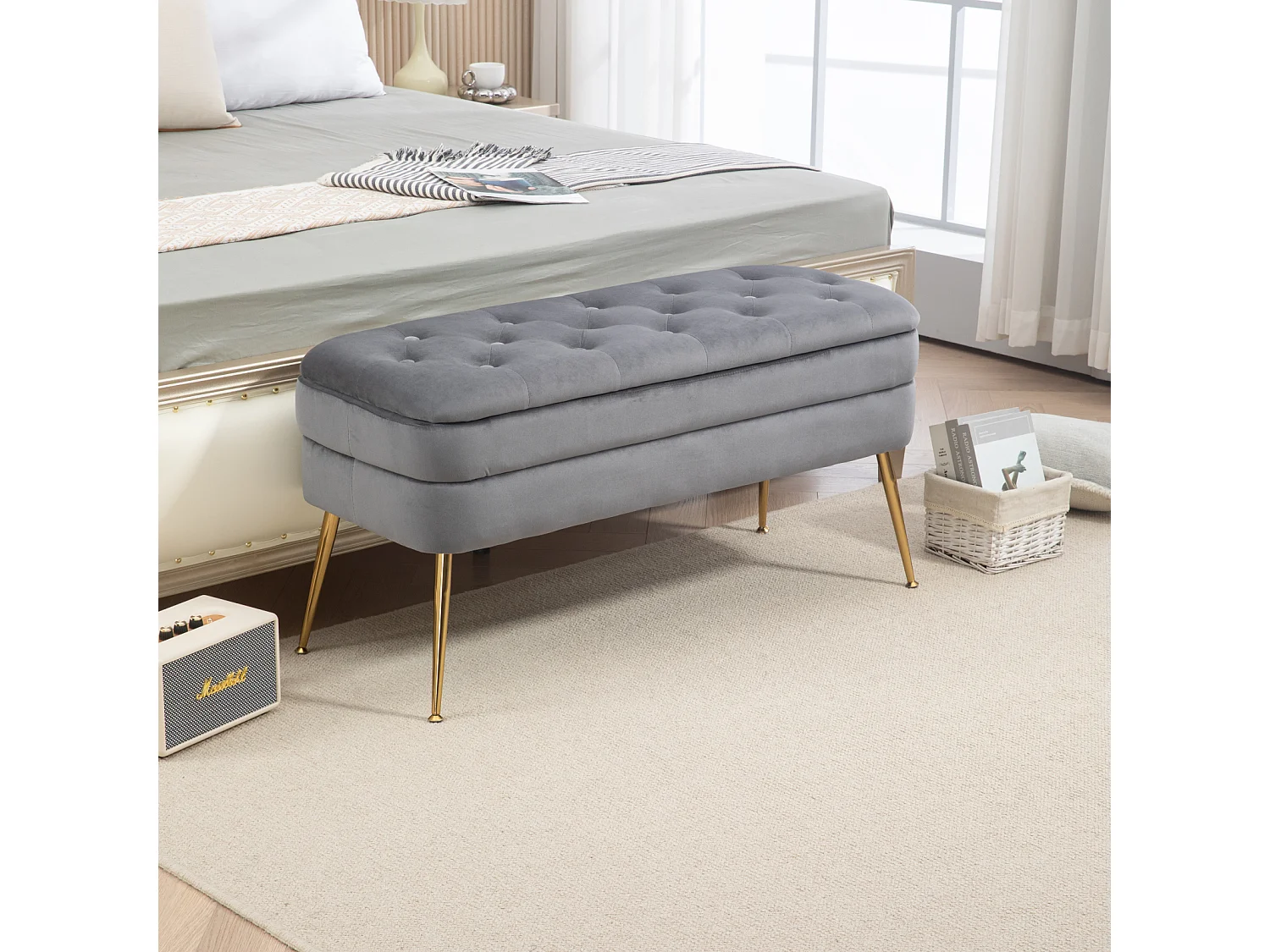 Banc rembourré ottoman de rangement, repose-pied pour entrée, salon et chambre à coucher, en velours, 104x40x51cm, gris