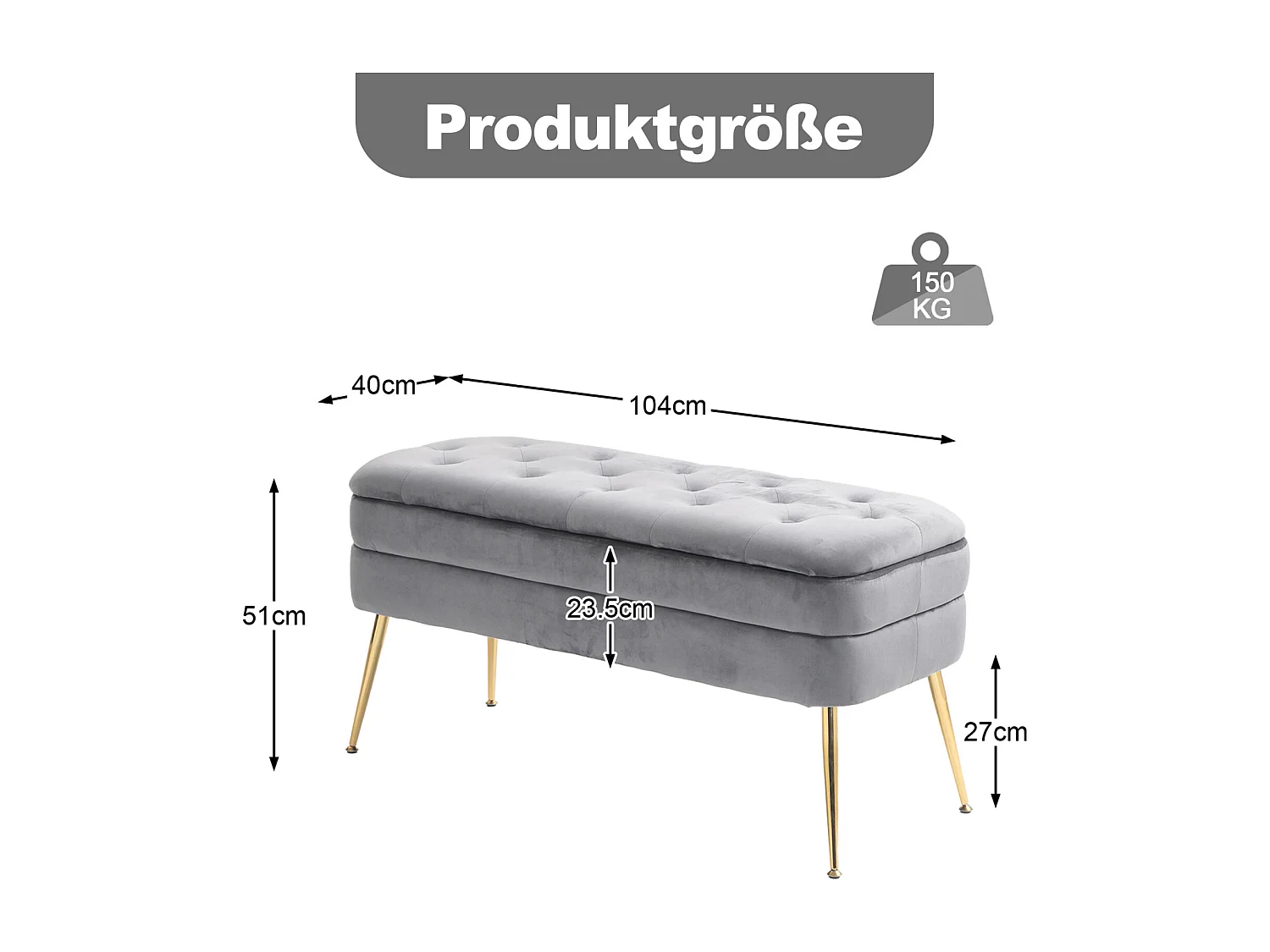 Banc rembourré ottoman de rangement, repose-pied pour entrée, salon et chambre à coucher, en velours, 104x40x51cm, gris