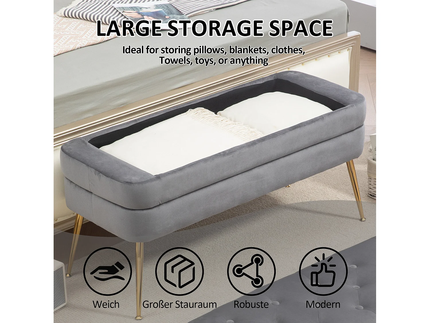 Banc rembourré ottoman de rangement, repose-pied pour entrée, salon et chambre à coucher, en velours, 104x40x51cm, gris