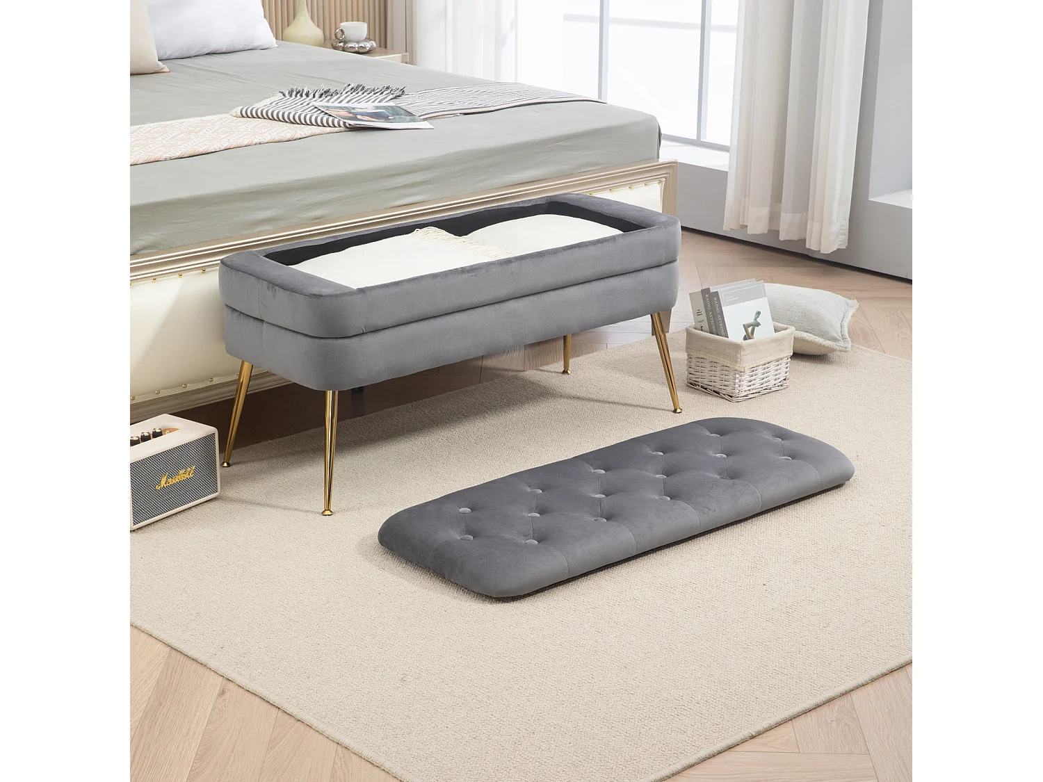 Banc rembourré ottoman de rangement, repose-pied pour entrée, salon et chambre à coucher, en velours, 104x40x51cm, gris