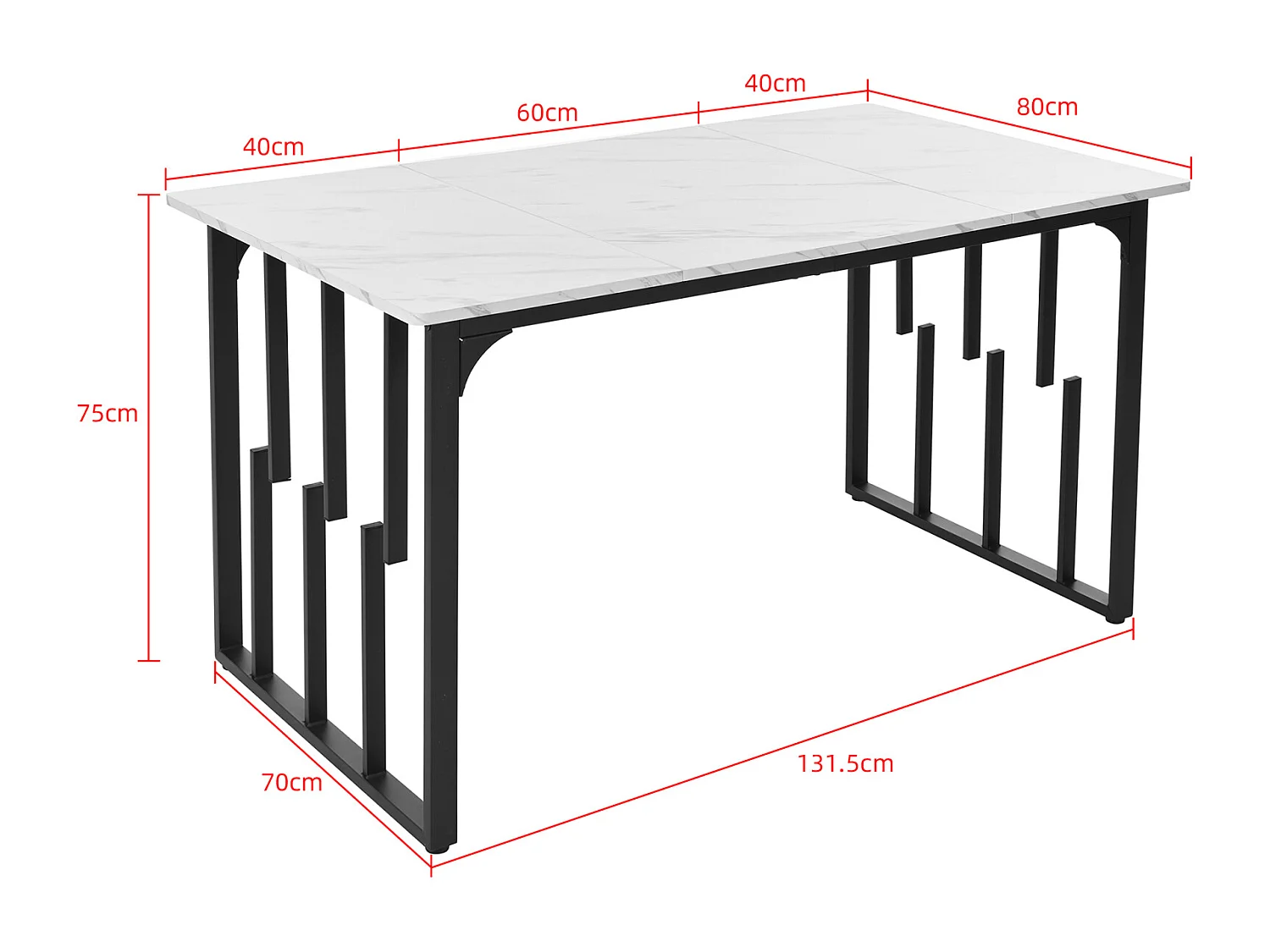 Table de salle à manger rectangulaire 140x80cm, structure en métal, plateau en marbre, pieds réglables, blanc/noir
