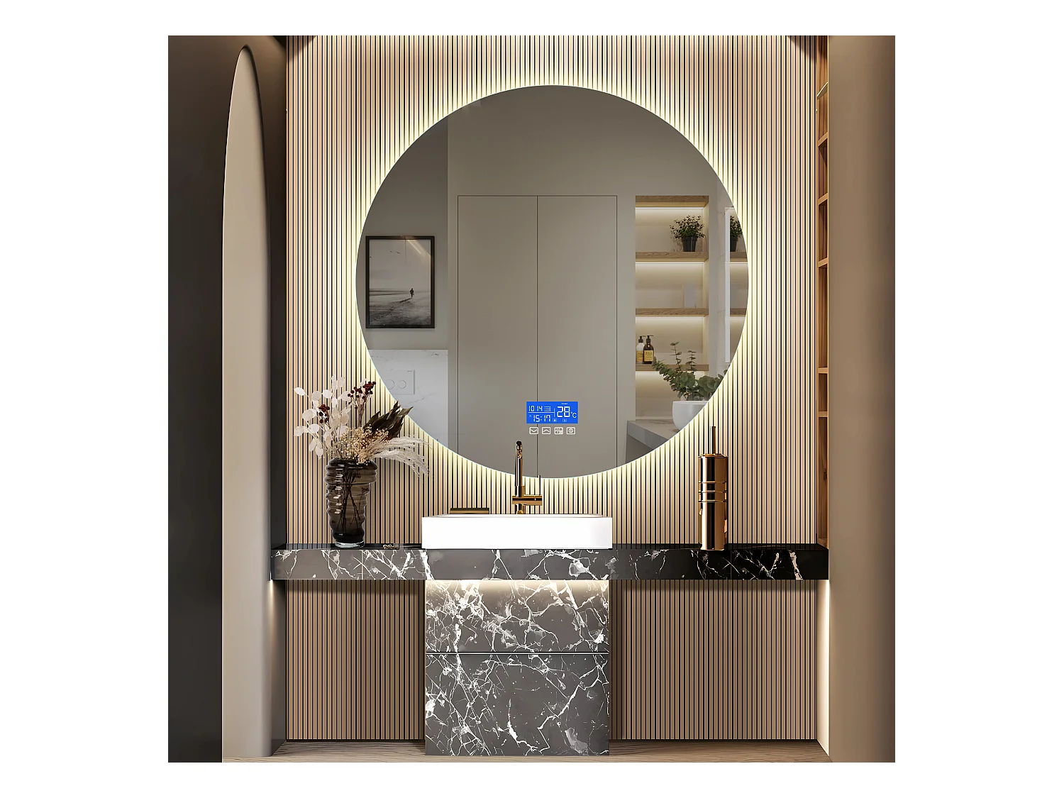 Miroir de salle de bain désembué sans cadre affichage de la température, 3 niveaux de luminosité, rond, diamètre 100cm