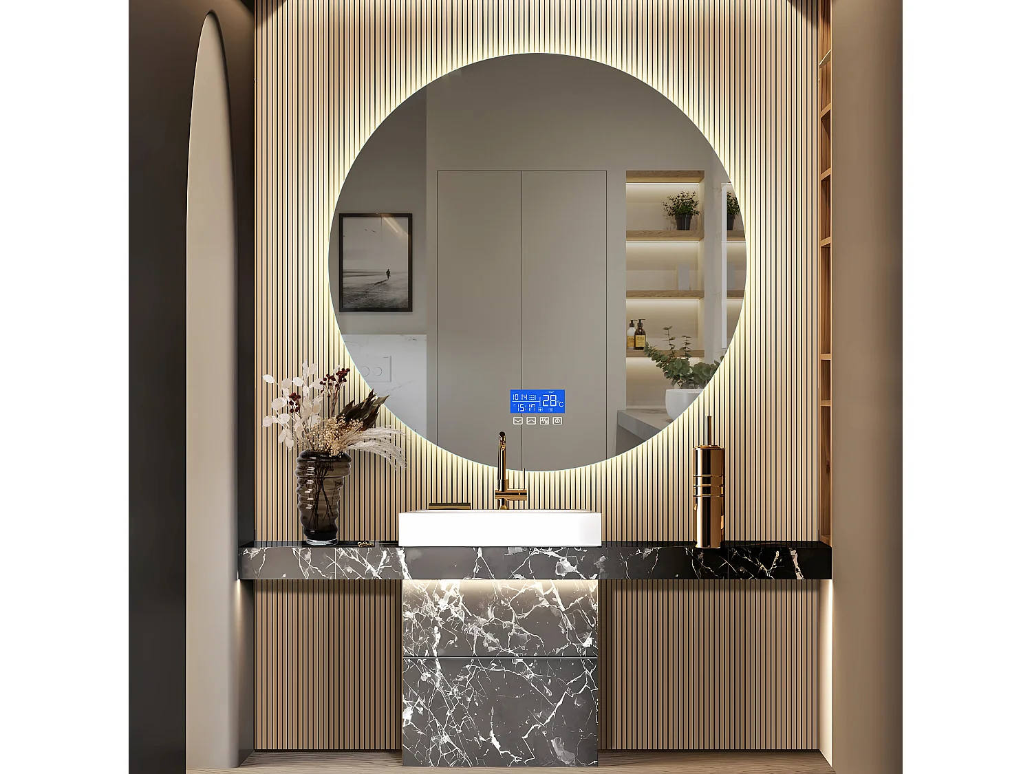 Specchio da bagno antiappannamento senza cornice con indicatore della temperatura, 3 livelli di luminosità, rotondo, diametro 100 cm