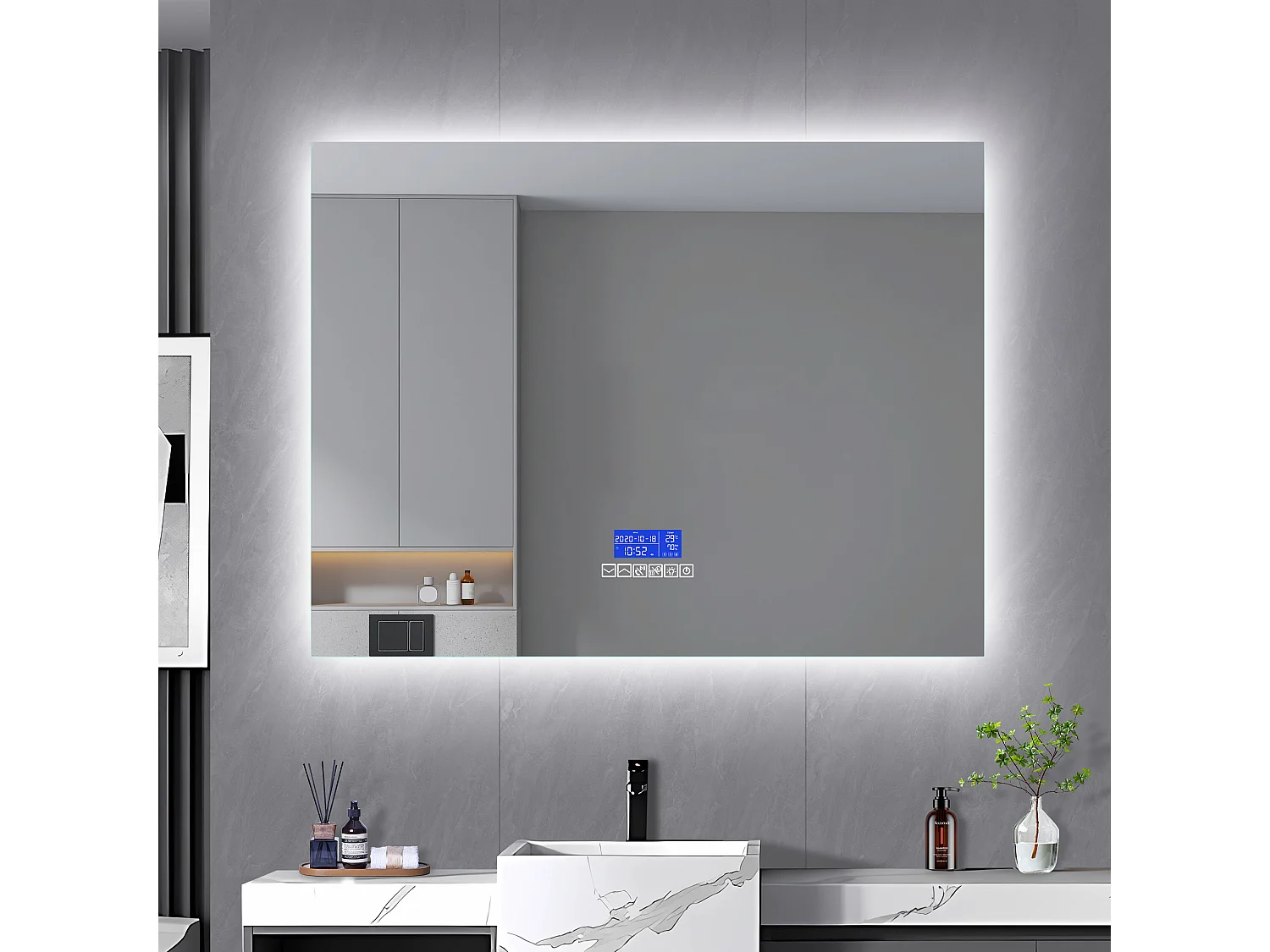Espejo de baño redondo 80x100 cm con LED, altavoz Bluetooth, indicador de temperatura, función antivaho, 6 botones táctiles y luz ajustable