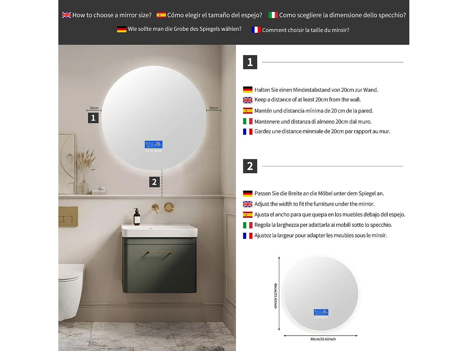 Badkamerspiegel met verlichting - Rond Ø60 cm - LED-badkamerspiegel - met touchfunctie, anti-condens, klok, temperatuur, dimbaar