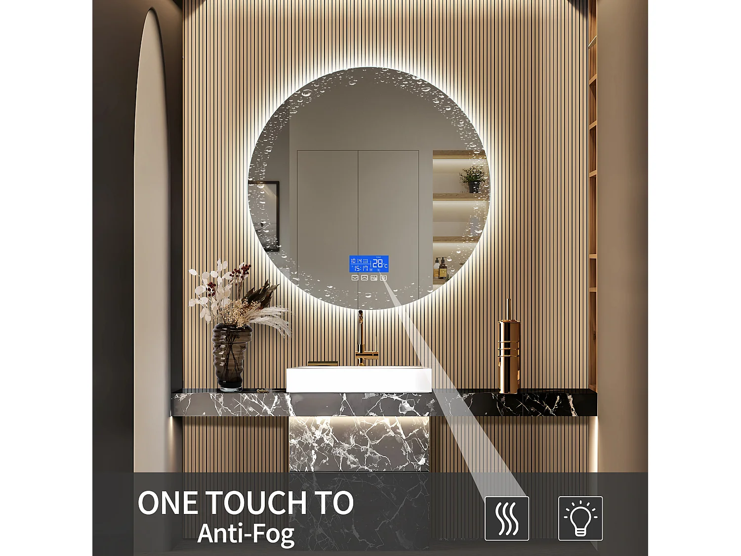 Miroir Salle de Bain avec Éclairage - Rond Ø60 cm - Miroir LED Salle de Bain - avec Tactile, Anti-buée, Horloge, Température, Dimmable