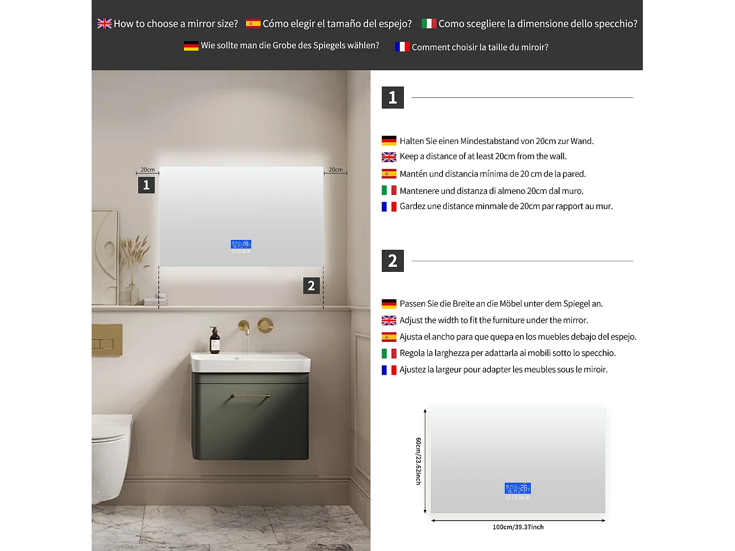 Espelho de banheiro com iluminação - 100 x 60 cm - Espelho de banheiro LED - com toque, antiembaçante, relógio, temperatura, regulável