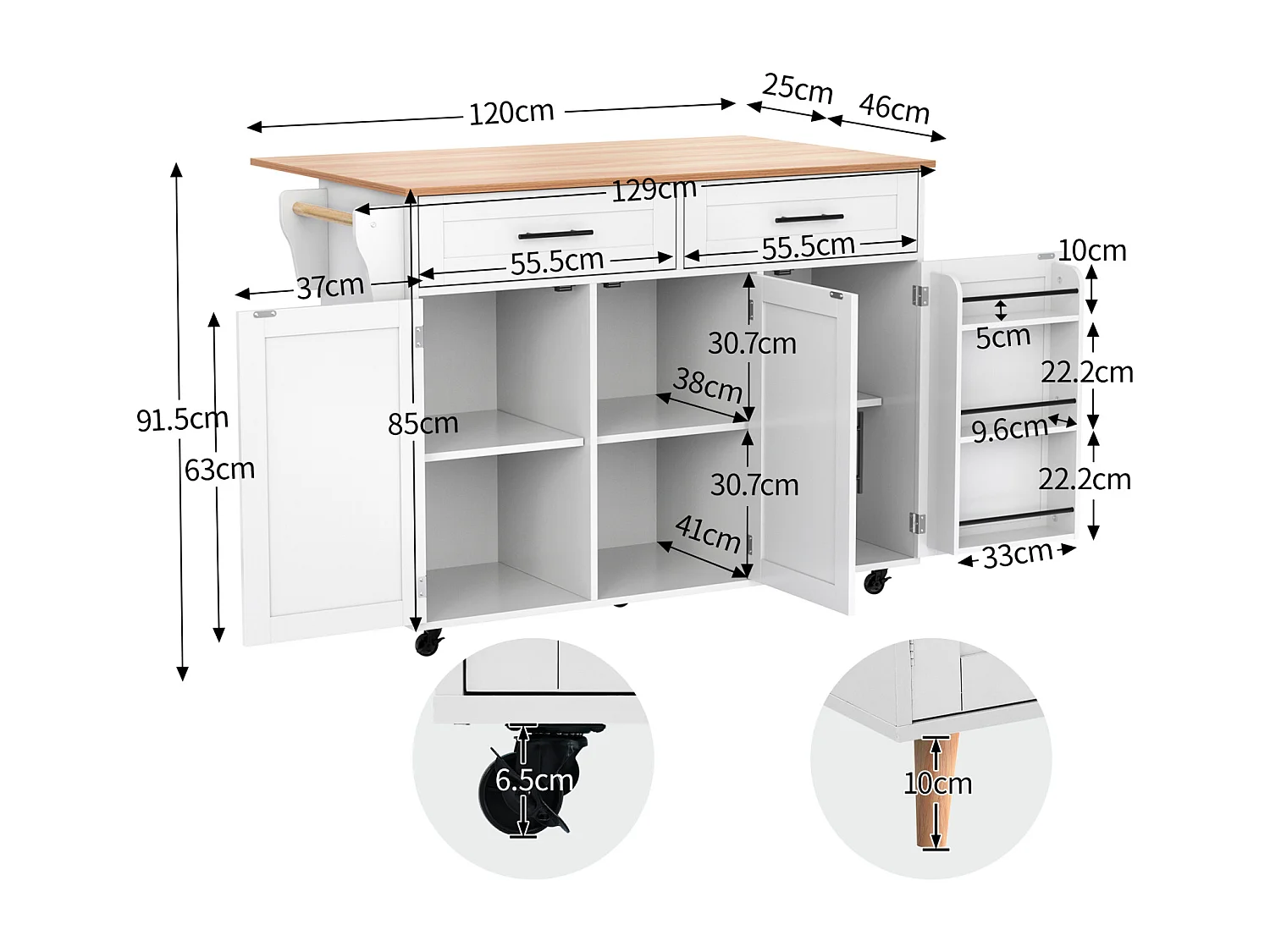 Desserte de cuisine 129x46x91.5cm, chariot de salle à manger, plan de travail pliable, armoire de rangement, blanc